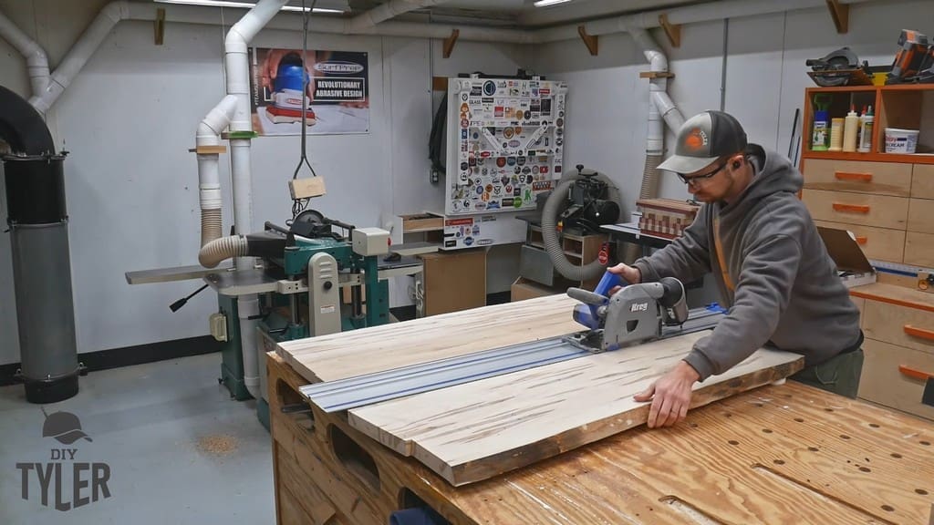 man cutting through glue line with Kreg Track Saw
